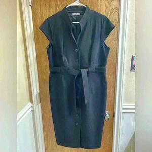 Calvin Klein Button Down Cap Sleeves stand collar  Belted Black Career Dress